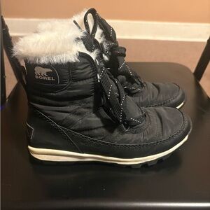 Sorel Black Kids Boots with White Fur Lining